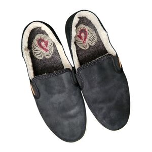 Olukai Pehuea Heu Black Leather Shearling Lined Slip On Shoes Women's Size 8